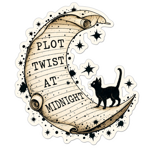 Moon-and-cat sticker with stars and 'PLOT TWIST AT MIDNIGHT' text on crescent