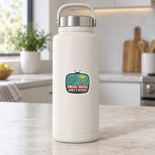 Weather report sticker on white bottle; mountains, sun, flames, 'FORECAST: VOLATILE'.