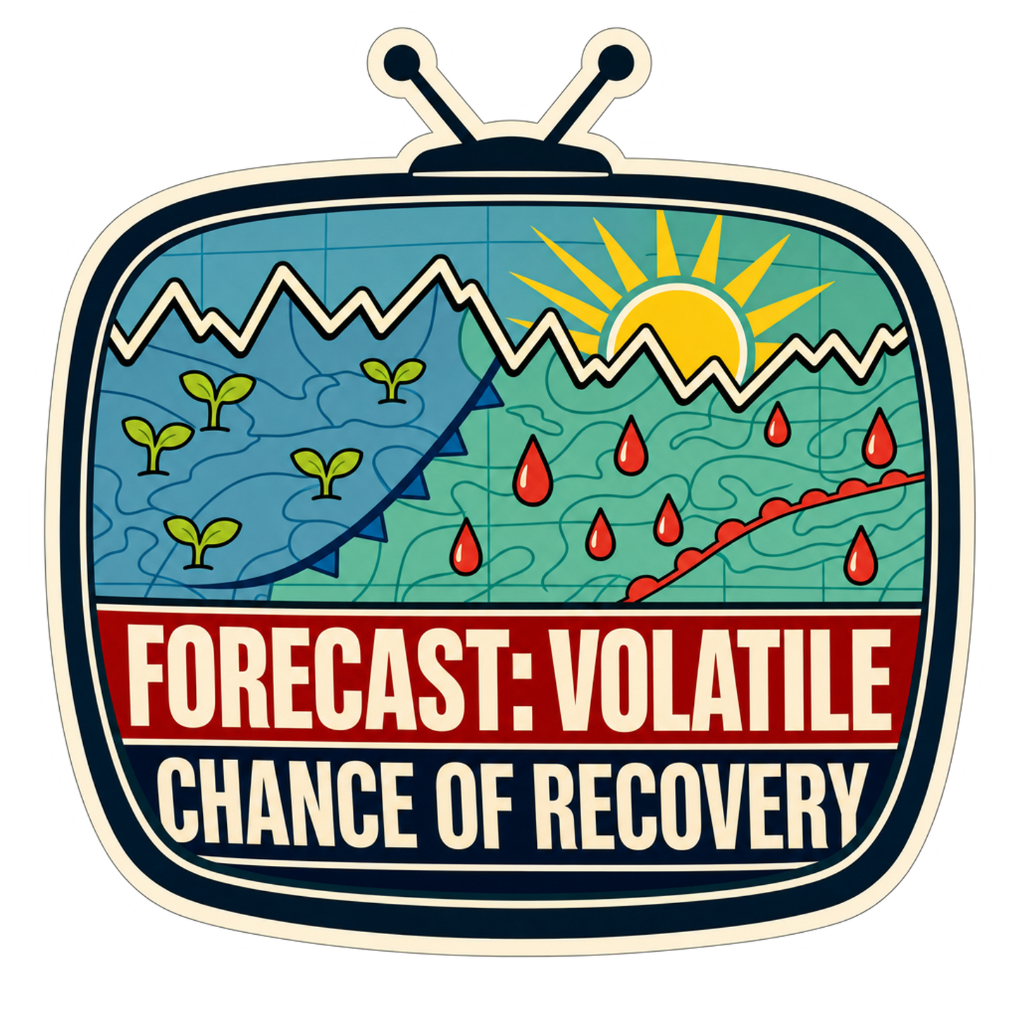 Weather report sticker with mountains, sun, flames, and 'FORECAST: VOLATILE' text.