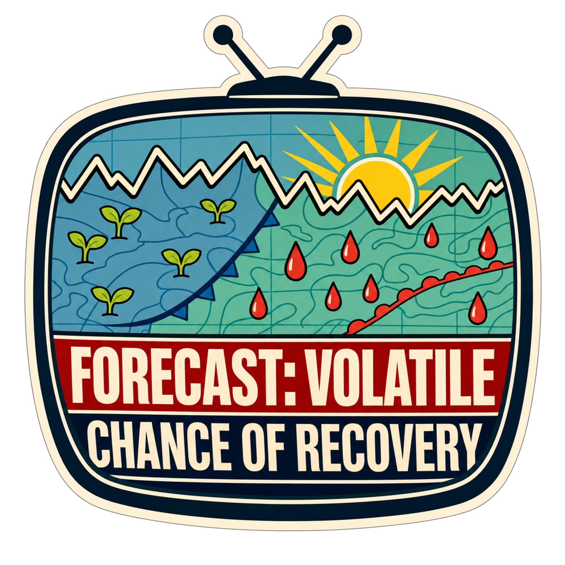 Weather report sticker with mountains, sun, flames, and 'FORECAST: VOLATILE' text.