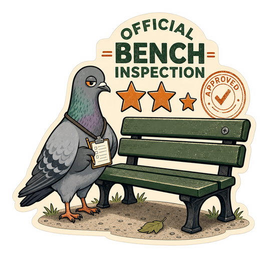 Bench inspection sticker with “Official Bench Inspection”, bird and bench, stars and badge