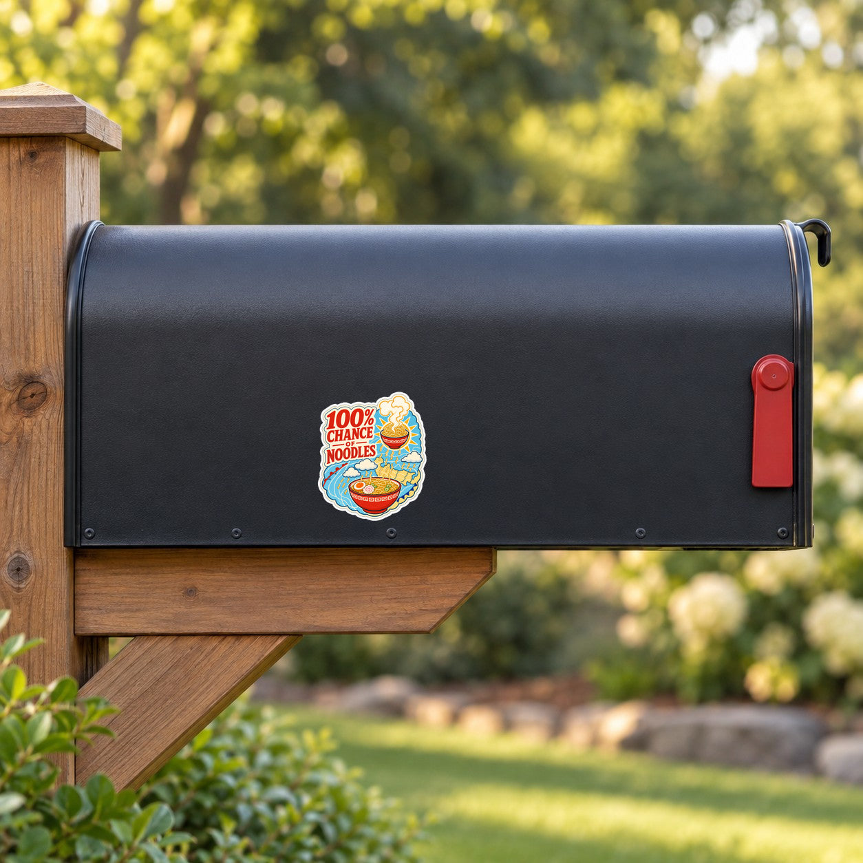 Ramen Weather Report Sticker, 4 inch size shown at realistic scale on mailbox