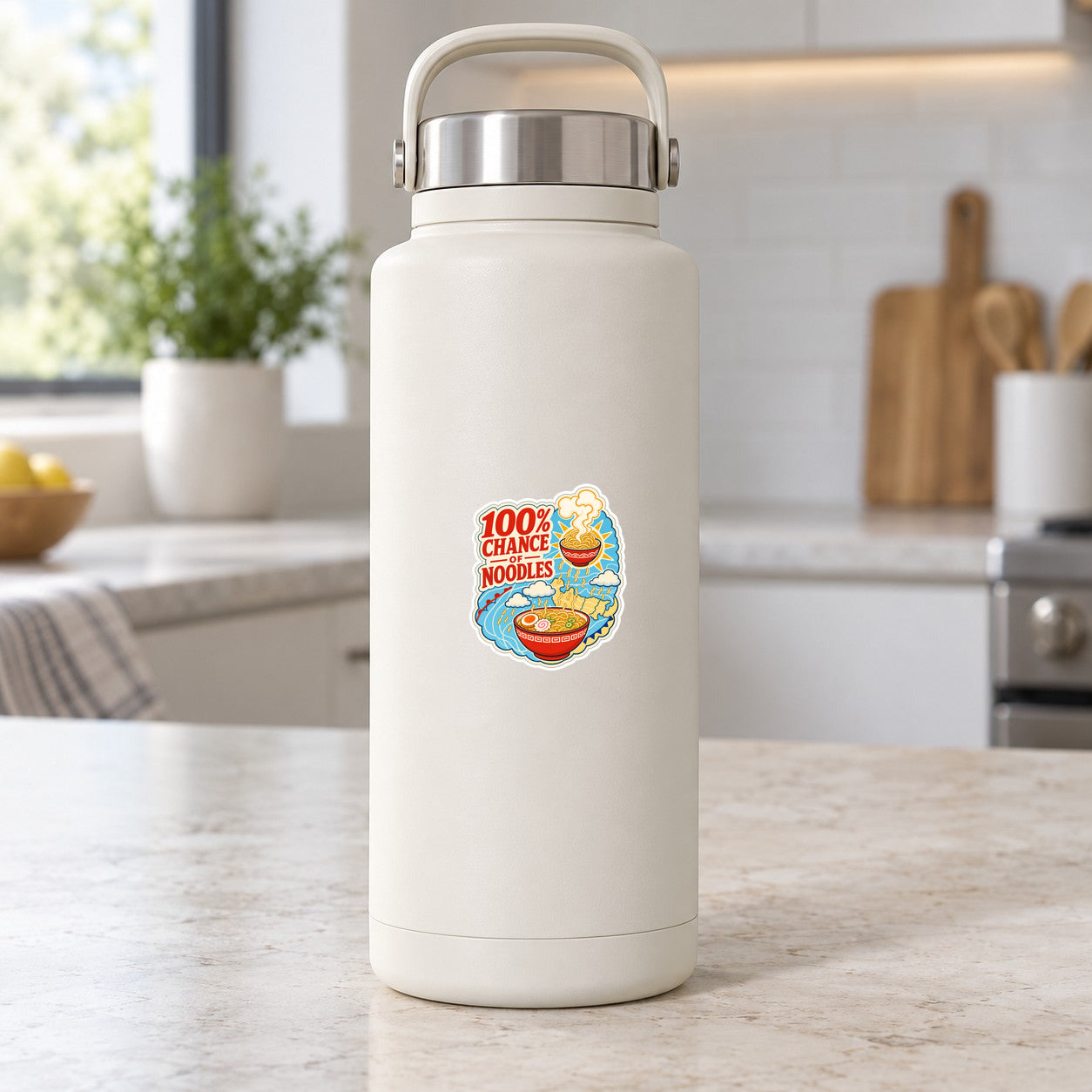 Ramen Weather Report Sticker, 2.5 inch size shown at realistic scale on water bottle