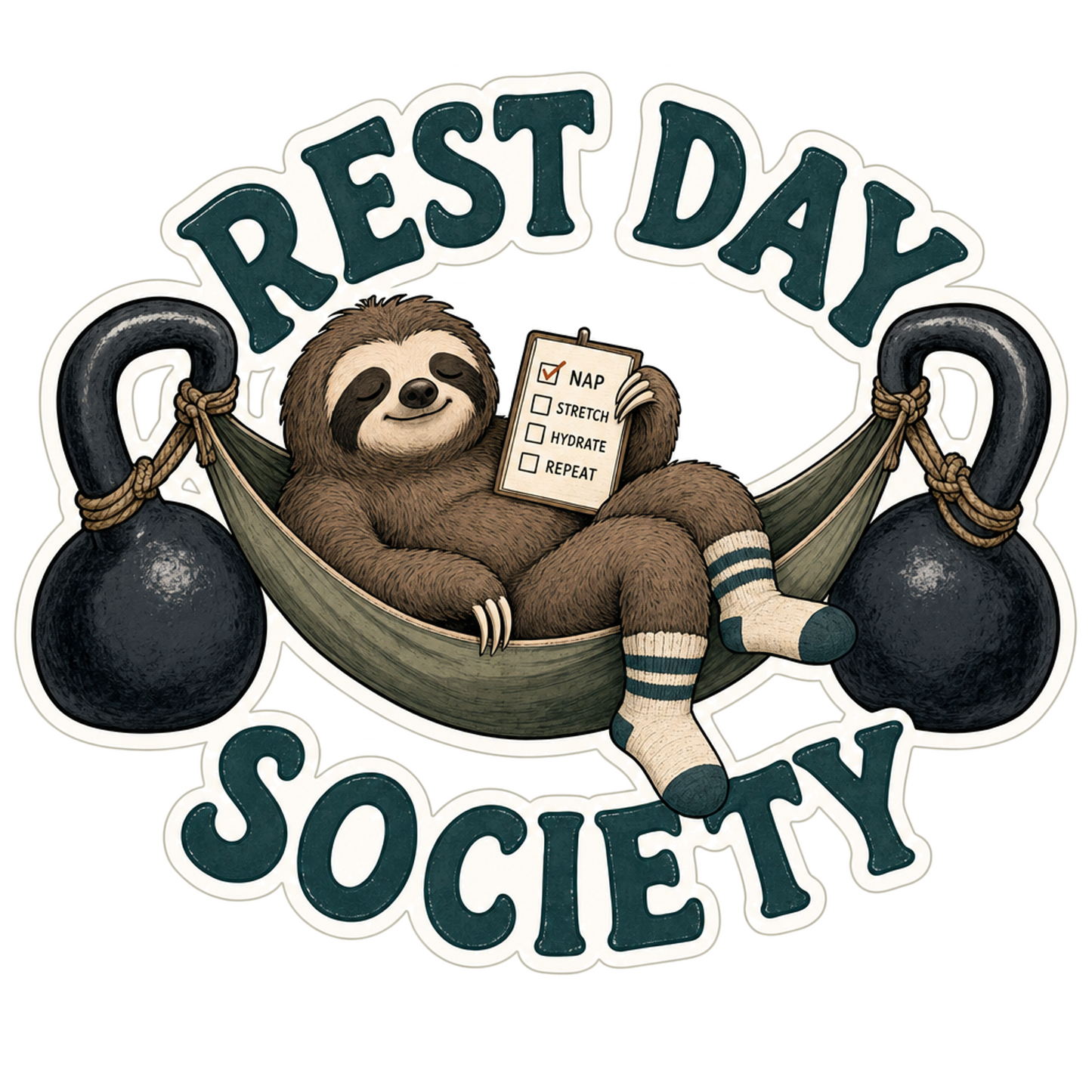 Die-cut sticker with sloth in hammock and 'REST DAY SOCIETY' text