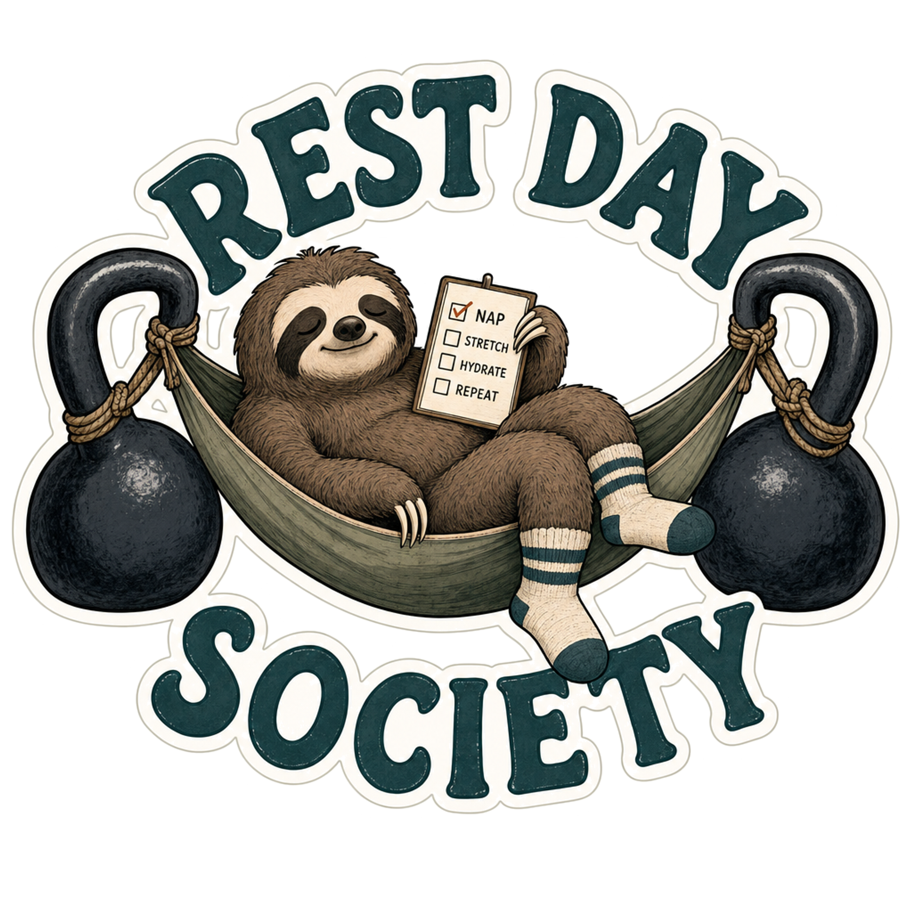 Die-cut sticker with sloth in hammock and 'REST DAY SOCIETY' text