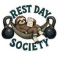 Die-cut sticker with sloth in hammock and 'REST DAY SOCIETY' text