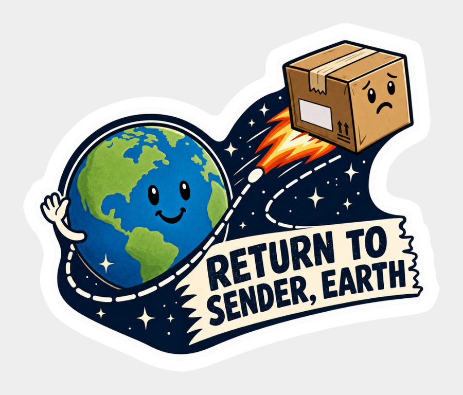 Planet vinyl sticker with a smiling Earth, a flying parcel, and “Return to Sender, Earth” text
