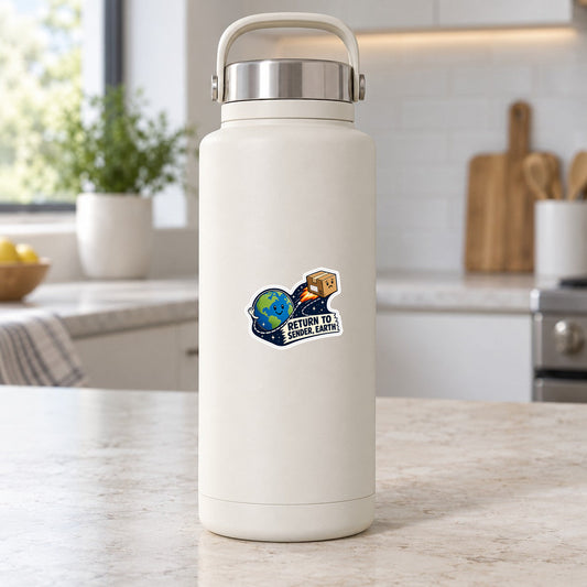 Planet themed sticker on a white insulated bottle