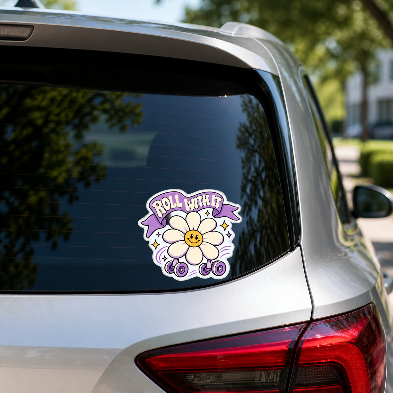 Roll With It daisy vinyl sticker on a car window