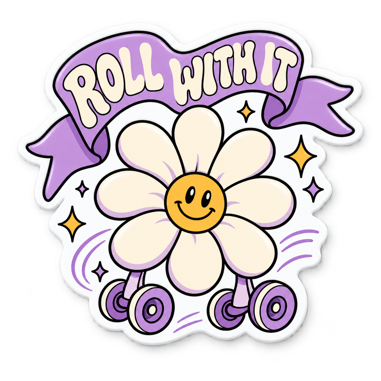 “Roll With It” daisy vinyl sticker featuring roller-skate wheels and sparkles