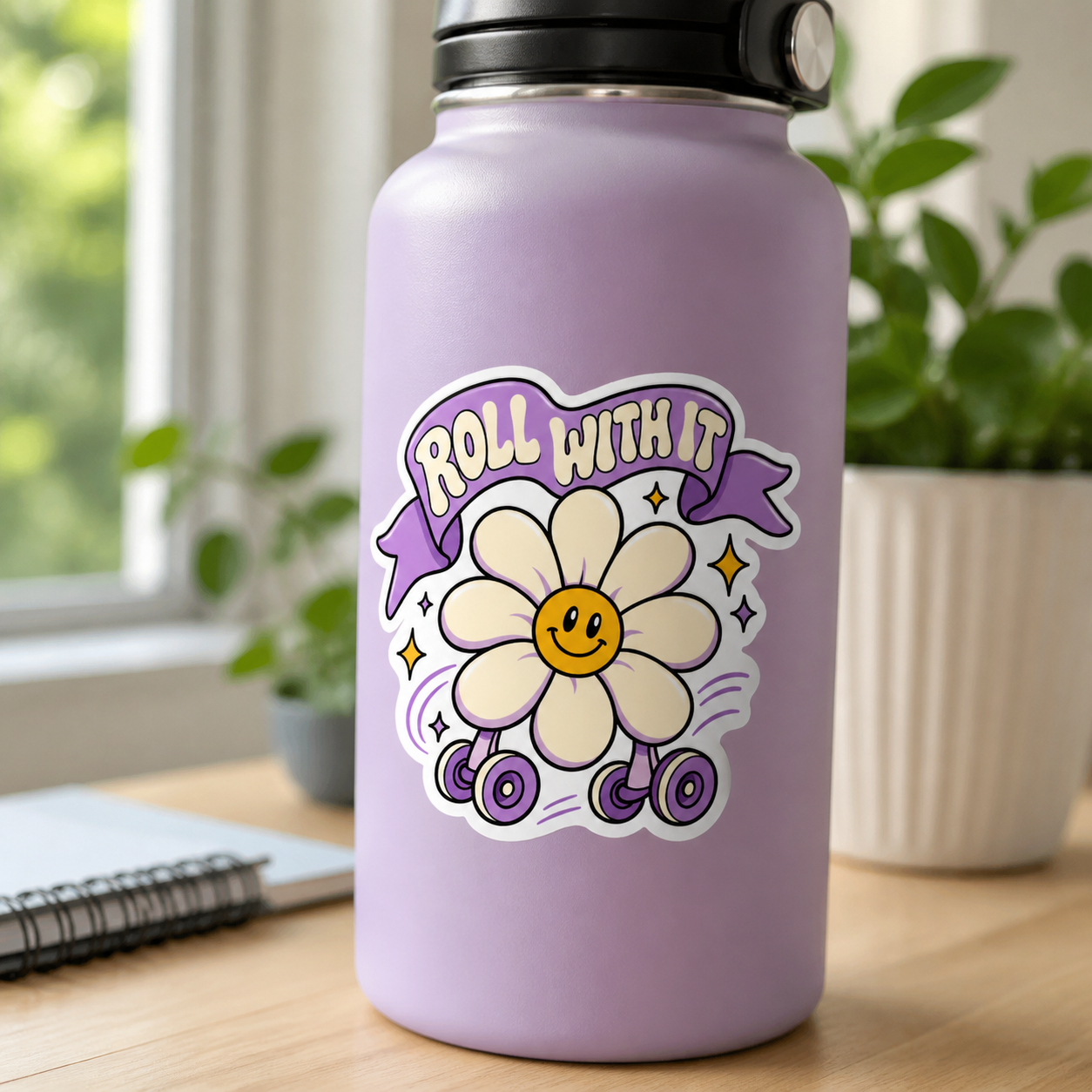 Roll With It daisy vinyl sticker on a lilac water bottle