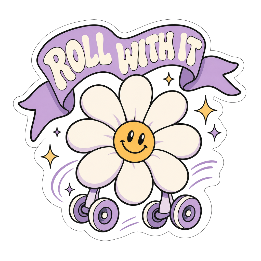 Purple “Roll With It” daisy vinyl sticker with smiling bee face on roller skates
