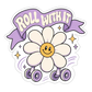 Purple “Roll With It” daisy vinyl sticker with smiling bee face on roller skates