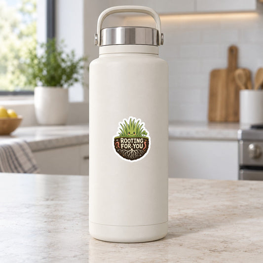 Small sprout-and-roots sticker on a white water bottle with metal handle