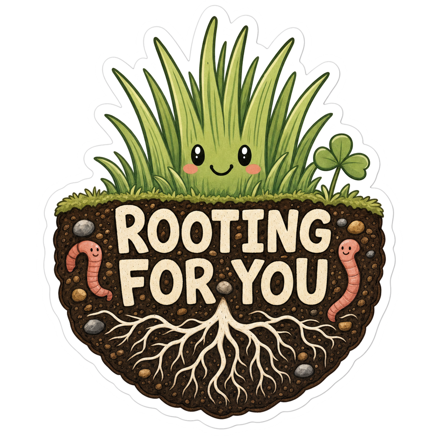 Cartoon sprout and roots sticker with bold text 'ROOTING FOR YOU' on white border