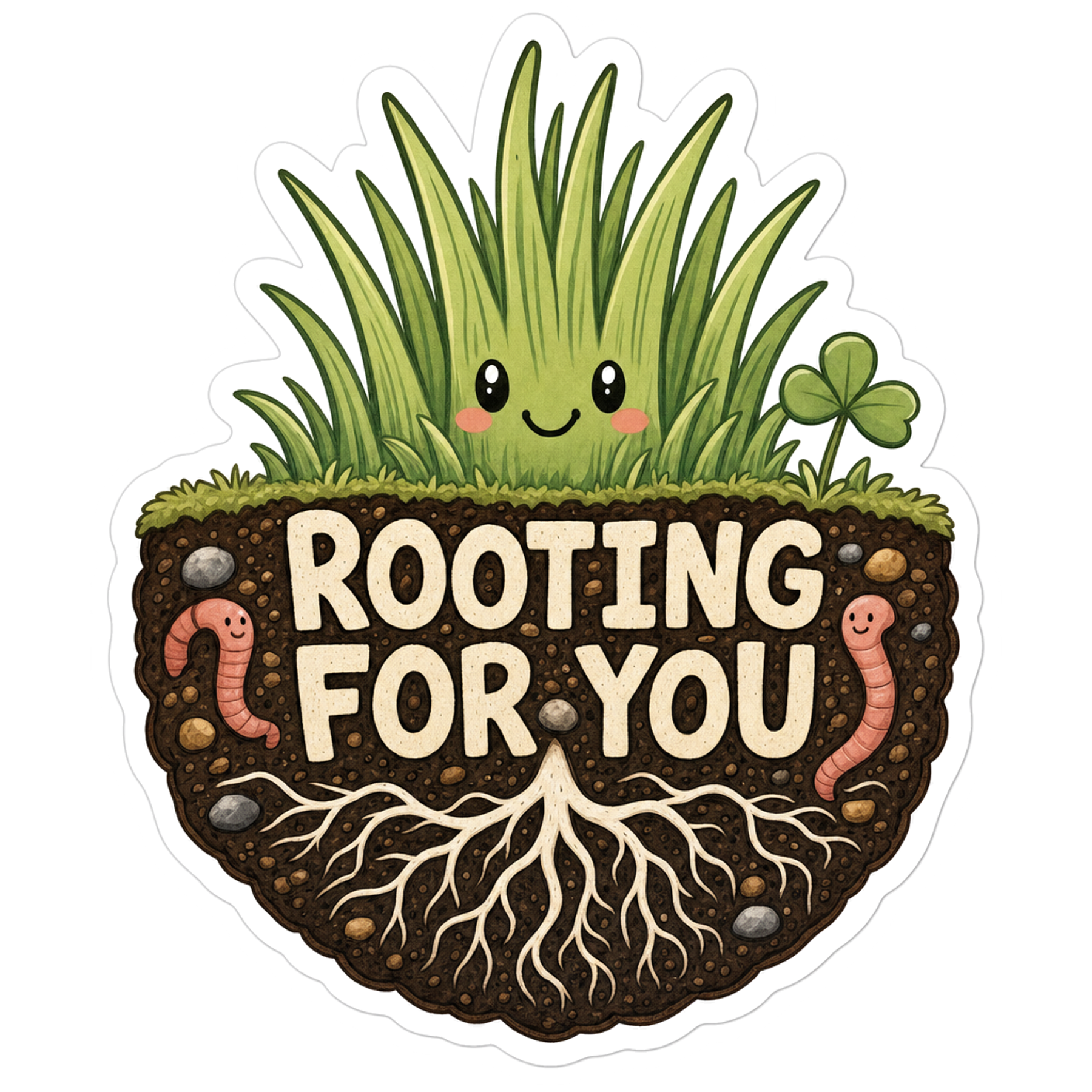Cartoon sprout and roots sticker with bold text 'ROOTING FOR YOU' on white border