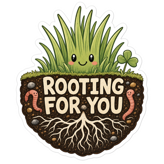 Cartoon sprout and roots sticker with bold text 'ROOTING FOR YOU' on white border