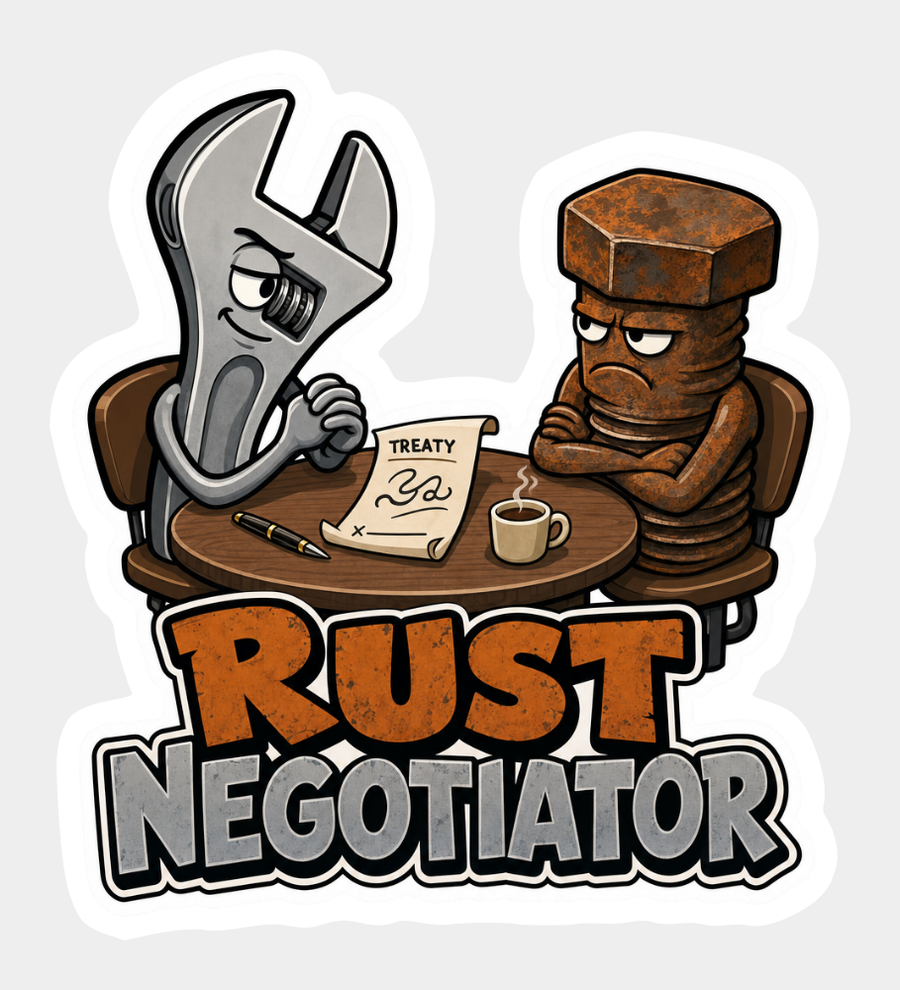 Rust Negotiator vinyl sticker with a wrench and rusty bolt negotiating at a table