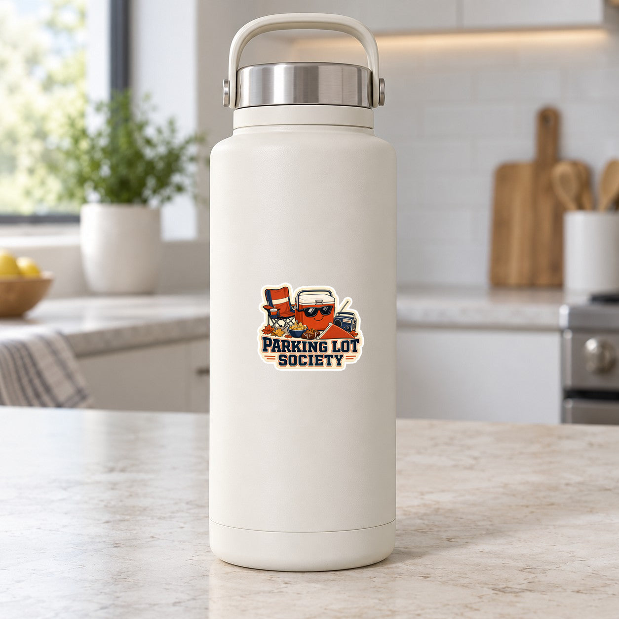 Saturday Parking Lot Society Sticker, 2.5 inch size shown at realistic scale on water bottle