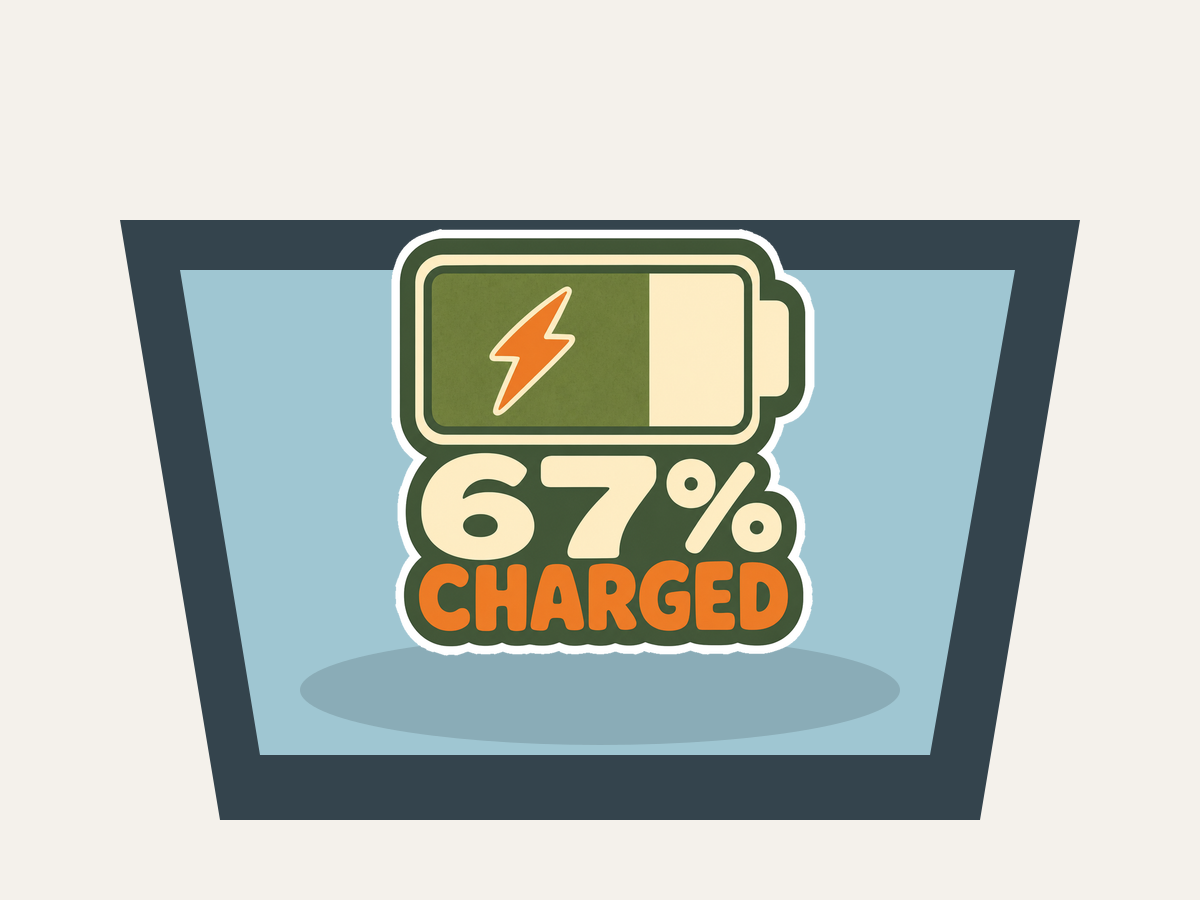 Sixty-Seven Percent Charged Sticker shown on a car window mockup