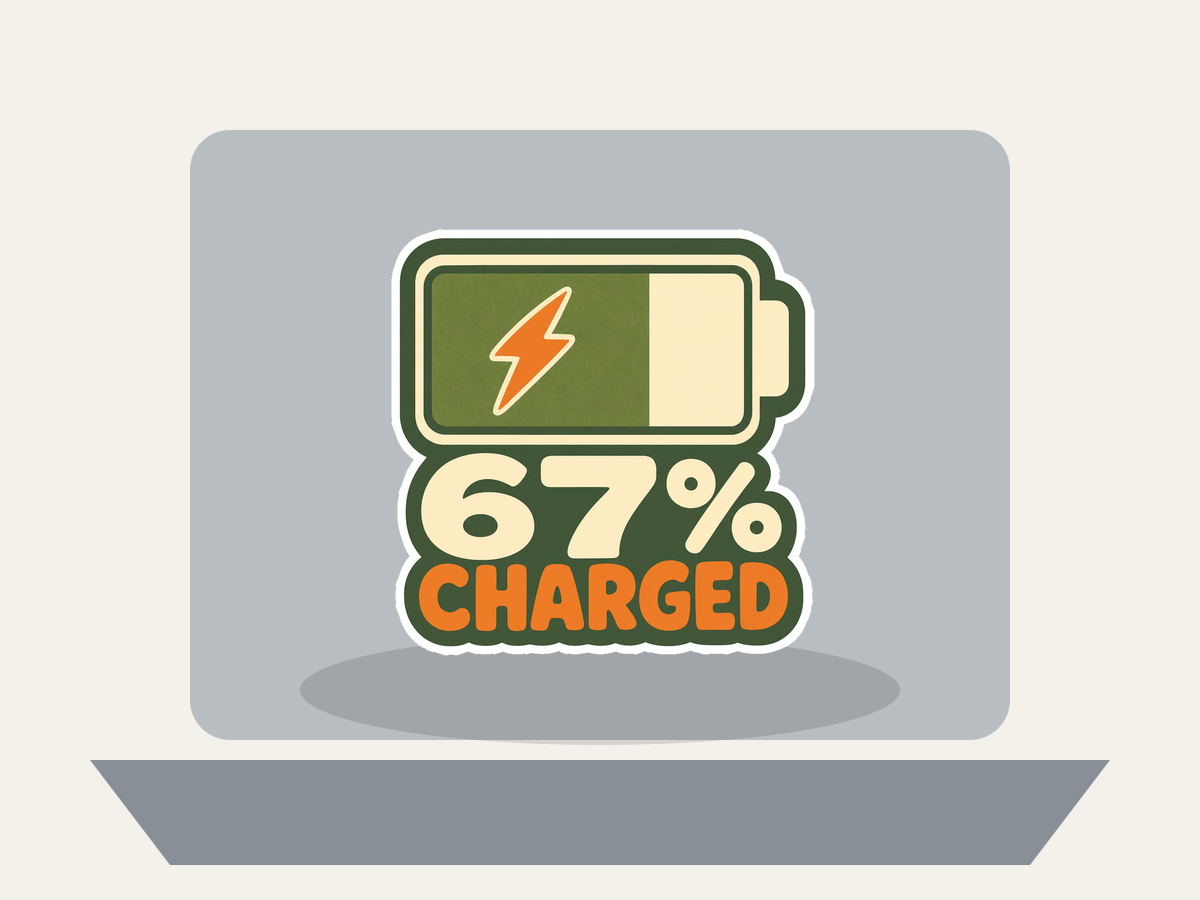 Sixty-Seven Percent Charged Sticker shown on a laptop mockup
