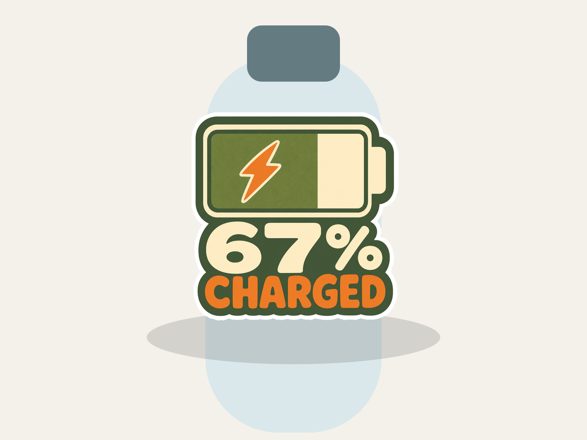 Sixty-Seven Percent Charged Sticker shown on a water bottle mockup