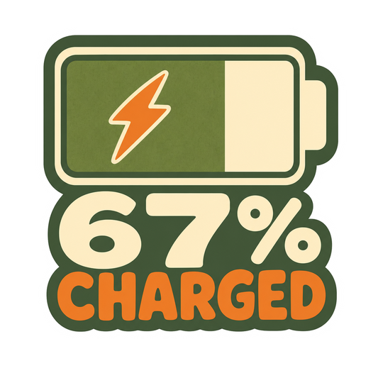 Green battery charging sticker with orange lightning and “67% CHARGED” text