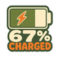 Green battery charging sticker with orange lightning and “67% CHARGED” text