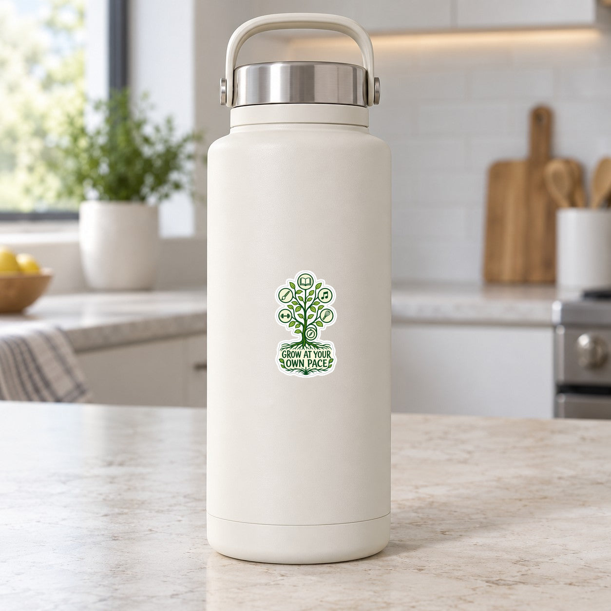 Garden skill tree sticker on white water bottle, small green tree graphic