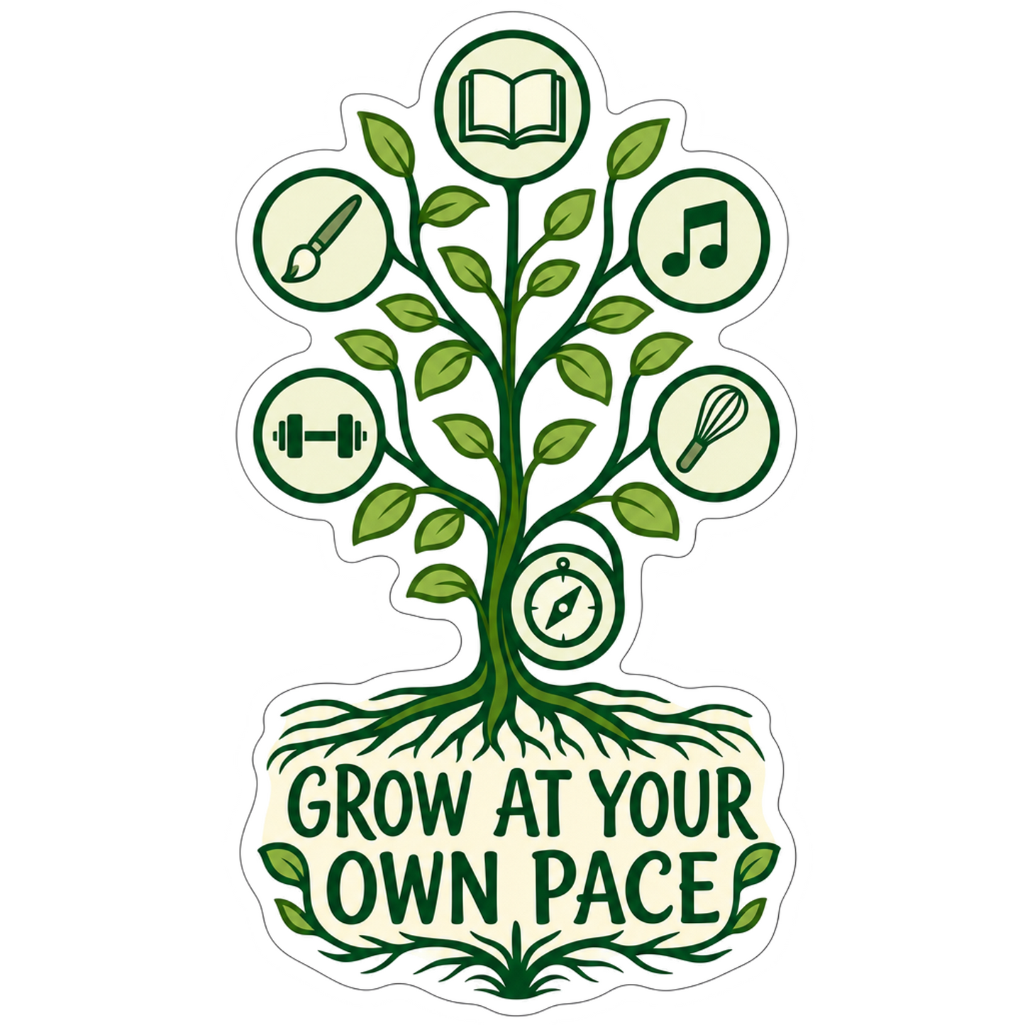 Garden skill tree sticker with “Grow at your own pace” and leaf icons