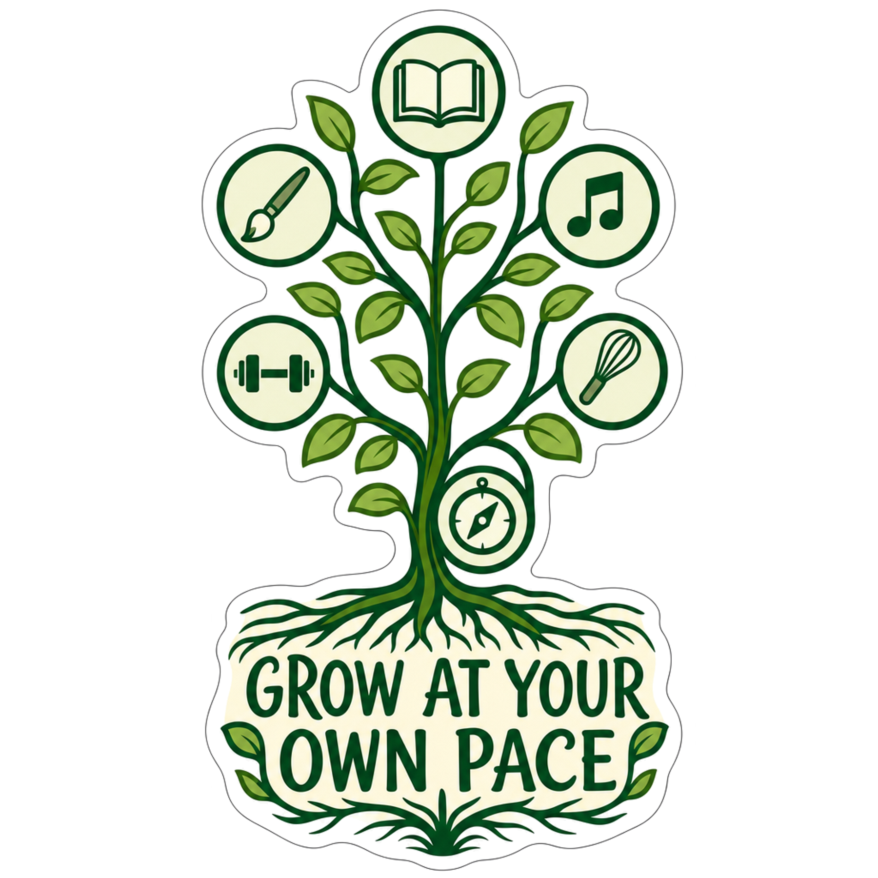 Garden skill tree sticker with “Grow at your own pace” and leaf icons