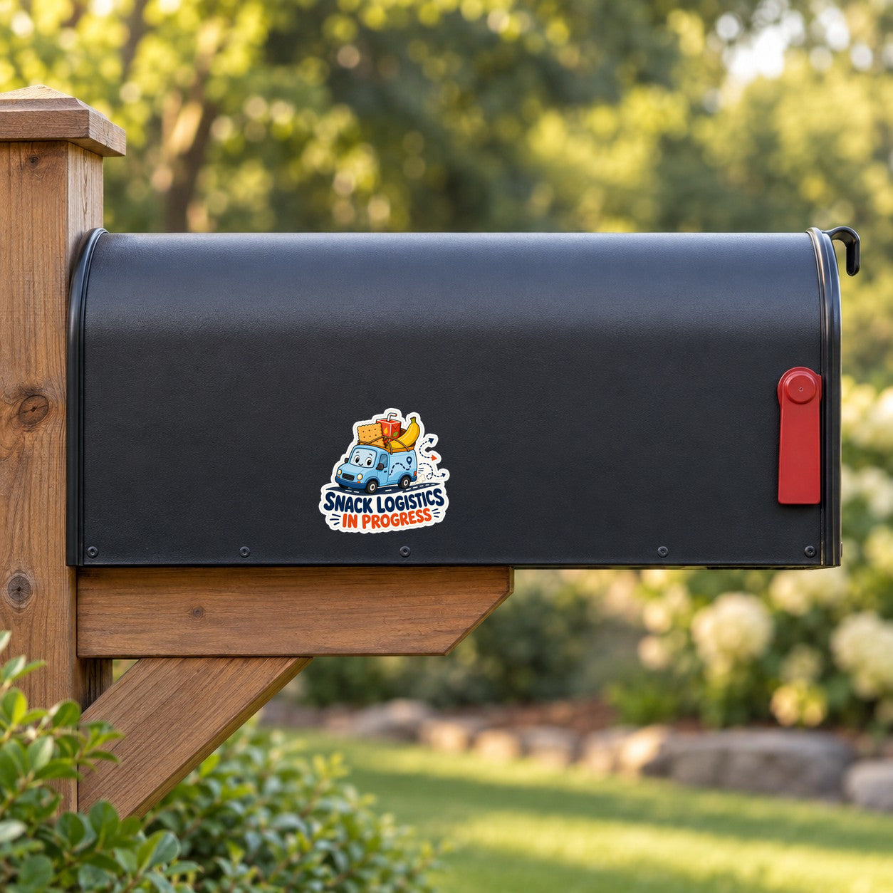 Cartoon snack logistics sticker on black mailbox, blue van and "in progress" text