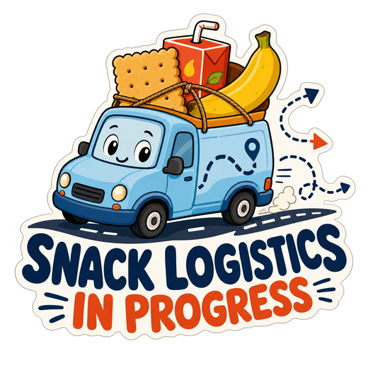 Cartoon snack logistics sticker with blue van and "in progress" text