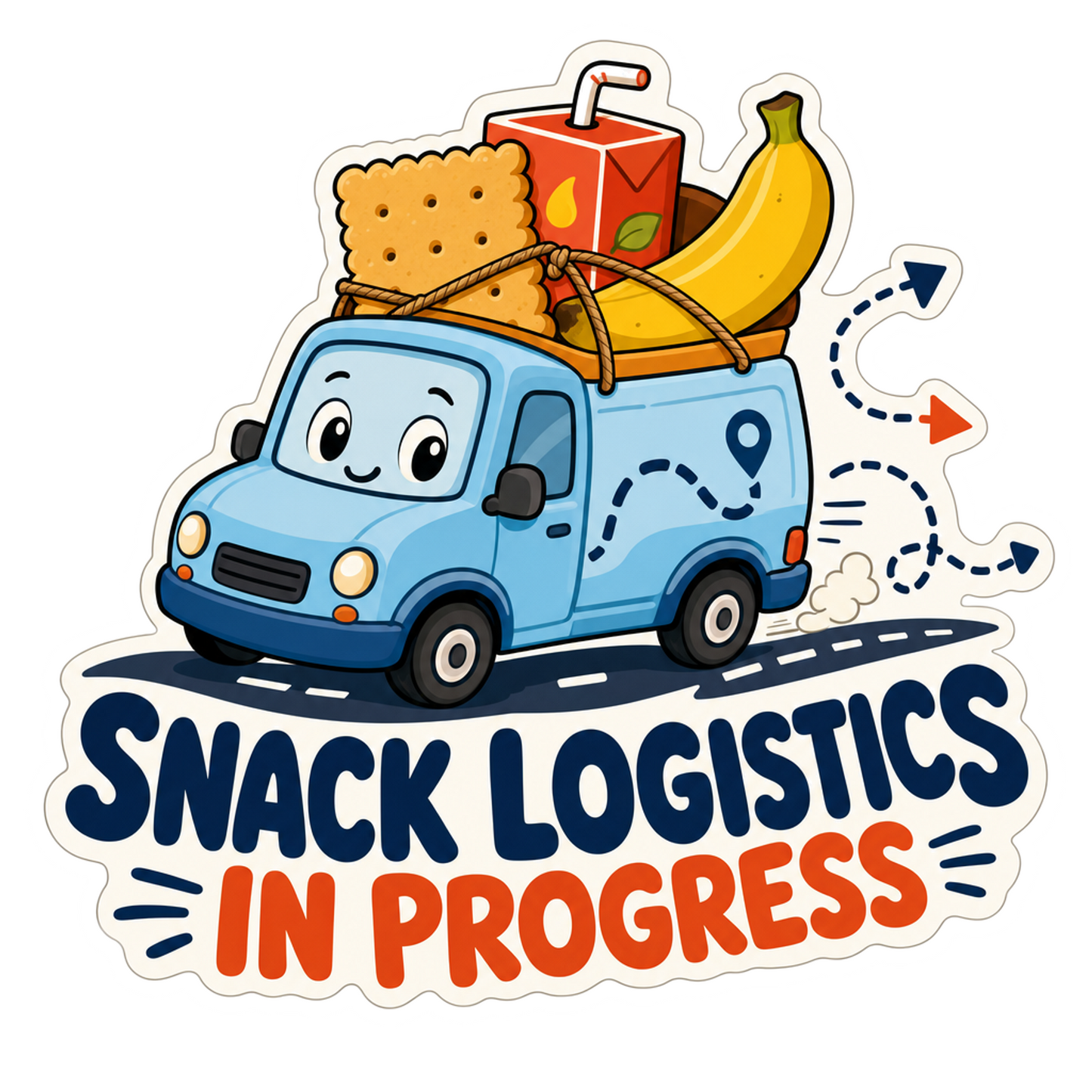 Cartoon snack logistics sticker with blue van and "in progress" text