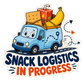 Cartoon snack logistics sticker with blue van and "in progress" text