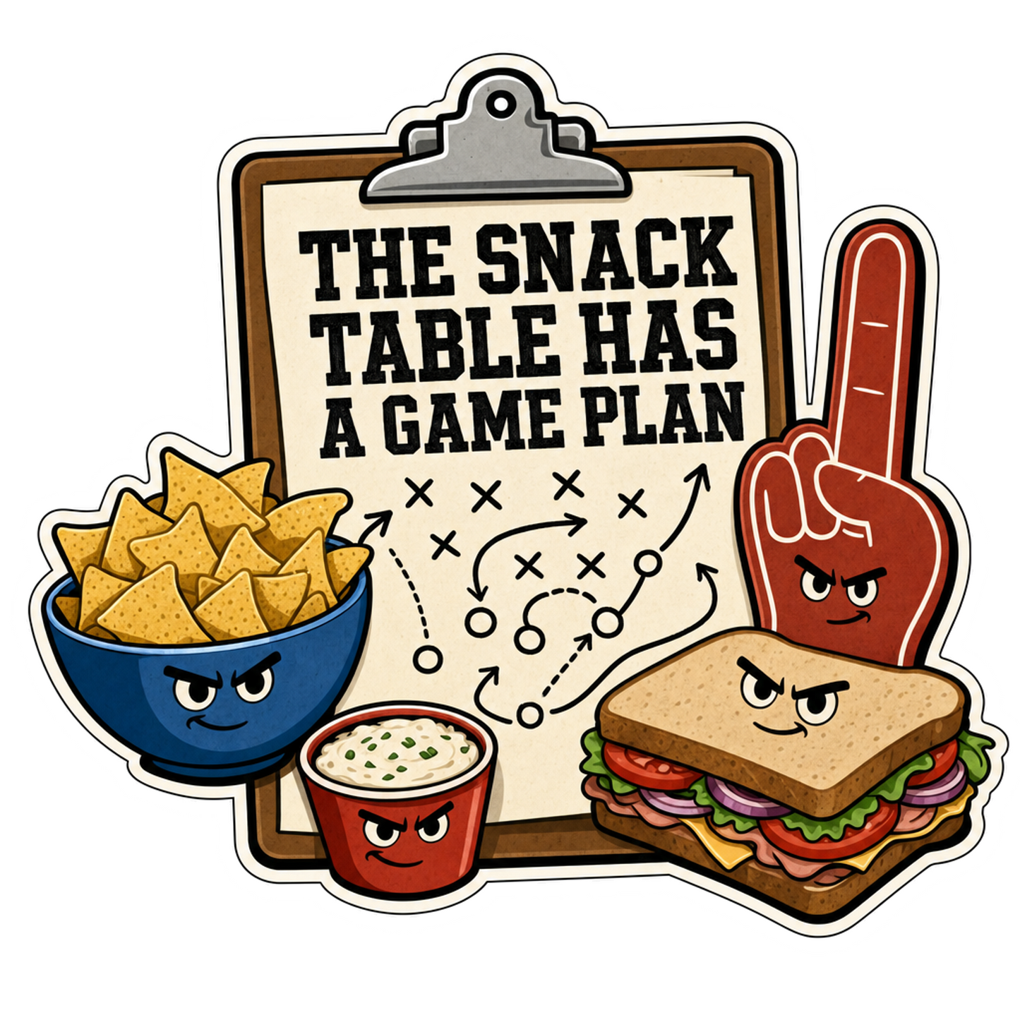 Snack game plan sticker with cartoon food characters and bold text
