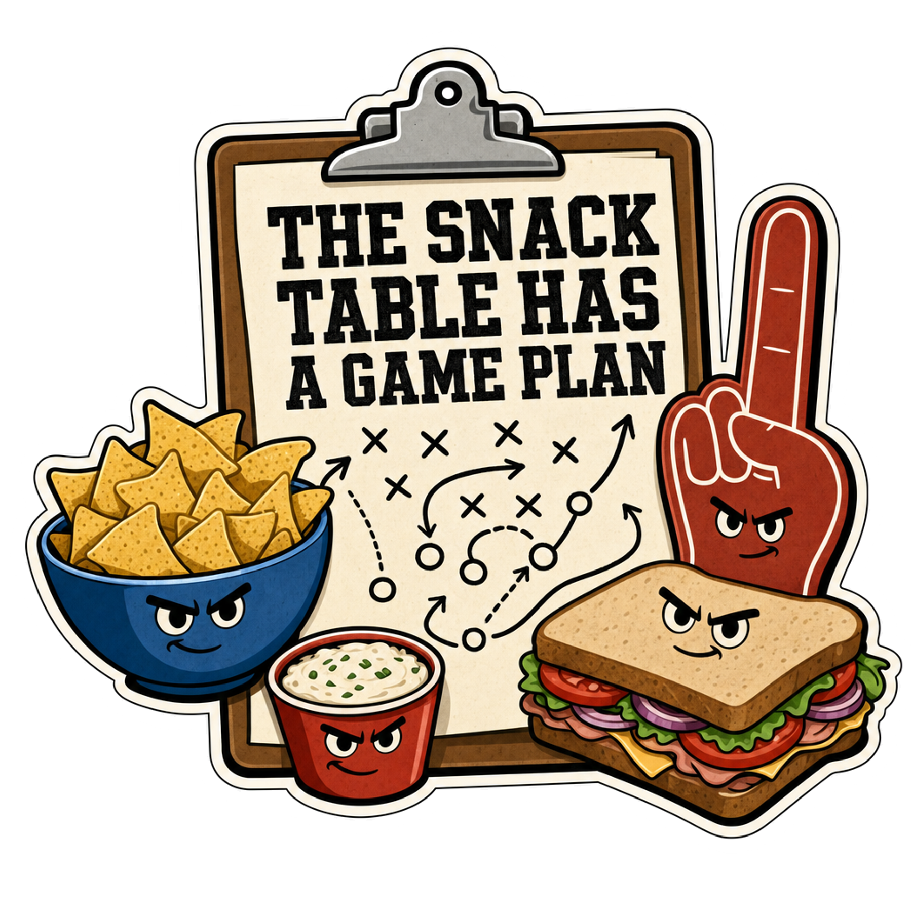 Snack game plan sticker with cartoon food characters and bold text