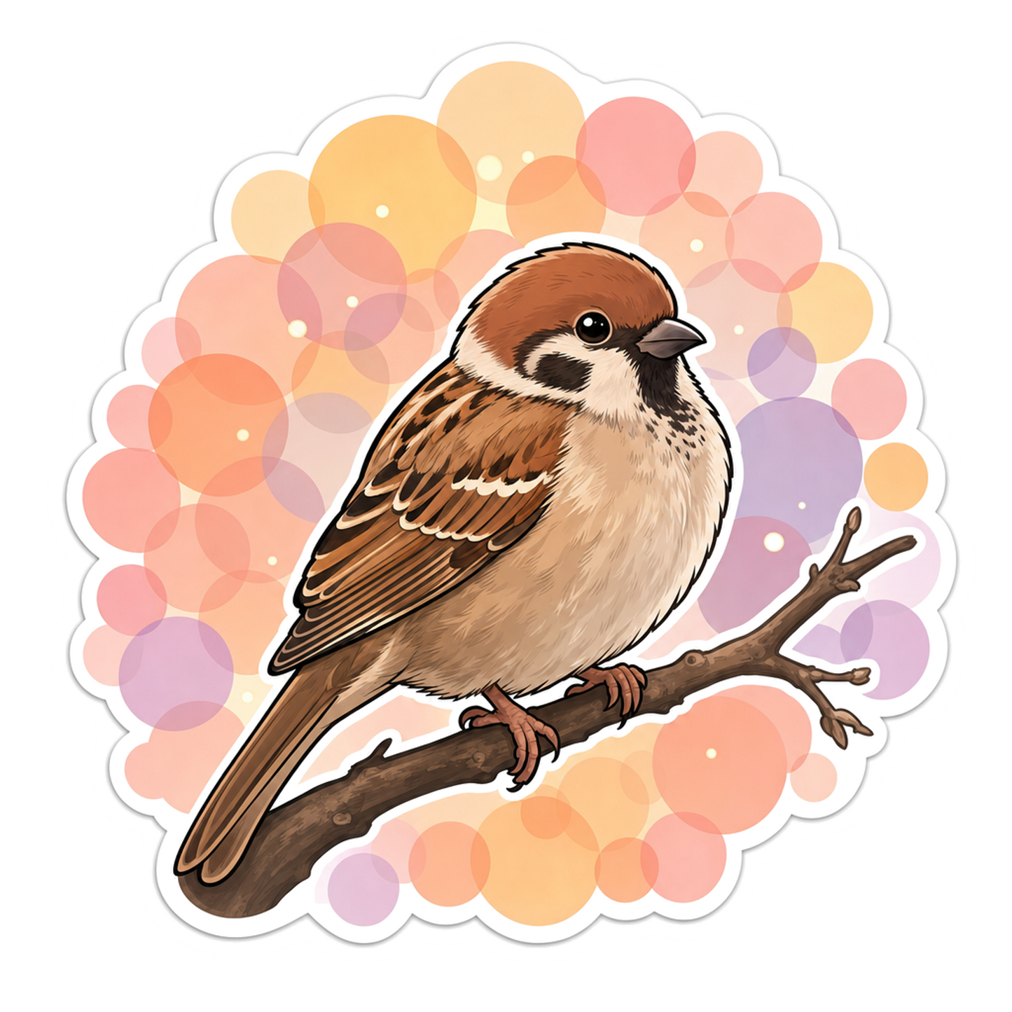 Sparrow illustration sticker with soft pastel flowers and outline border