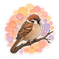 Sparrow illustration sticker with soft pastel flowers and outline border