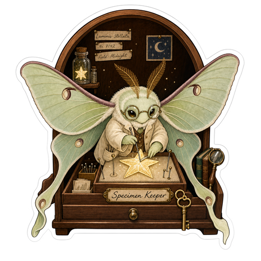 Green moth curator vinyl sticker with oversized wings and star display