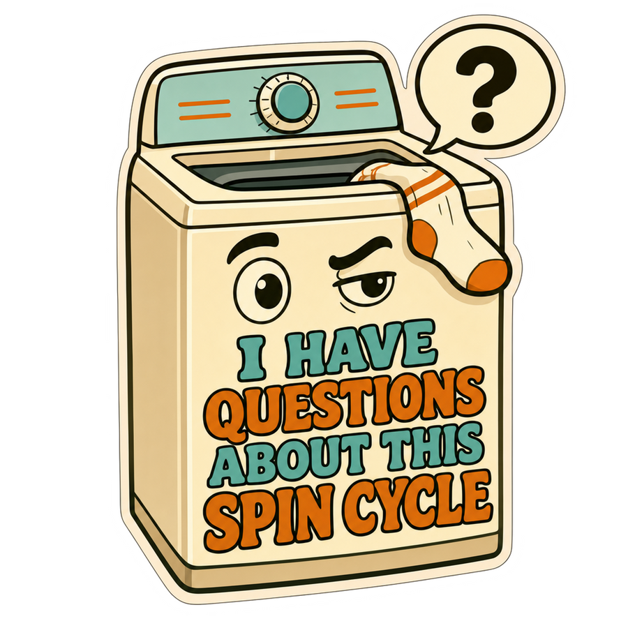 Rectangular sticker with cartoon box, speech-bubble question mark, and colorful text