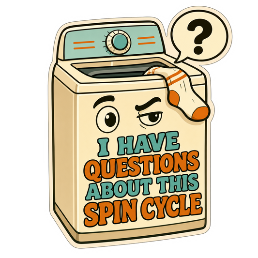 Rectangular sticker with cartoon box, speech-bubble question mark, and colorful text