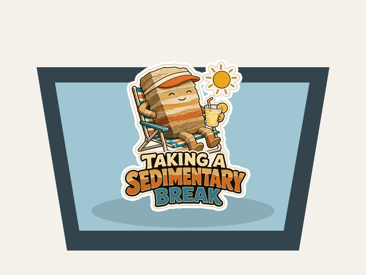 Sedimentary Break sticker on blue banner with rock character and sun icon