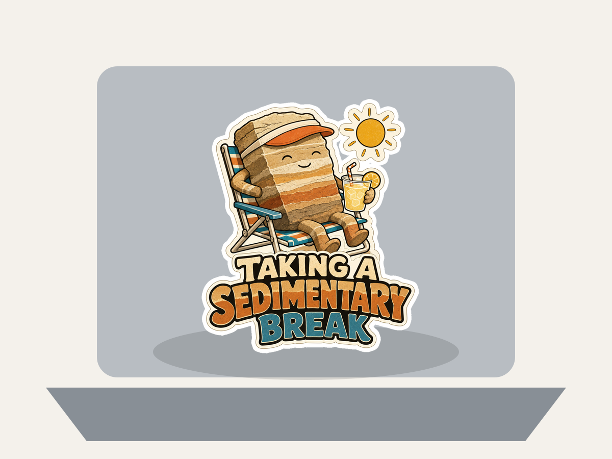 Sedimentary Break sticker on gray rounded background with rock character holding drink