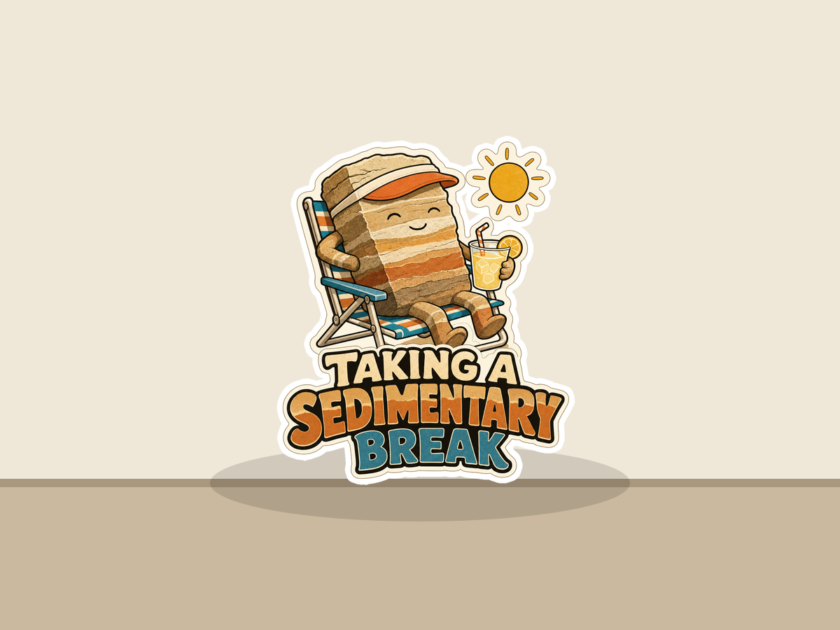 Sedimentary Break sticker on beige background with rock character and sun icon