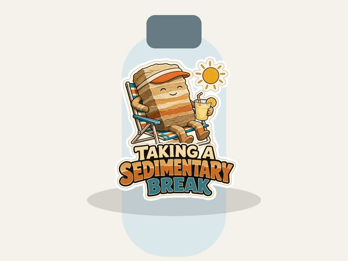 Taking a Sedimentary Break sticker with rock character holding a drink and sun