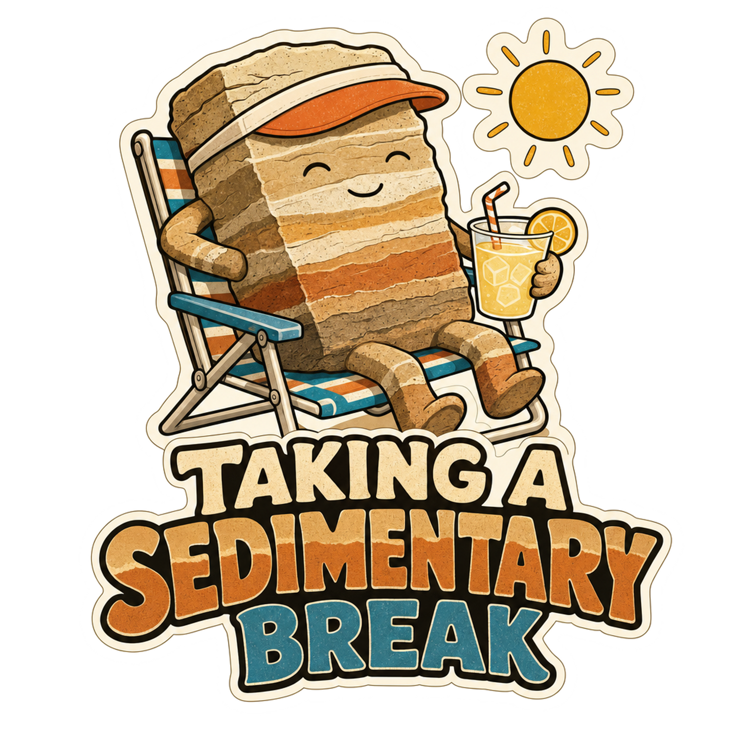 Cartoon Sedimentary Break sticker with stacked rock character, chair, sun, and drink