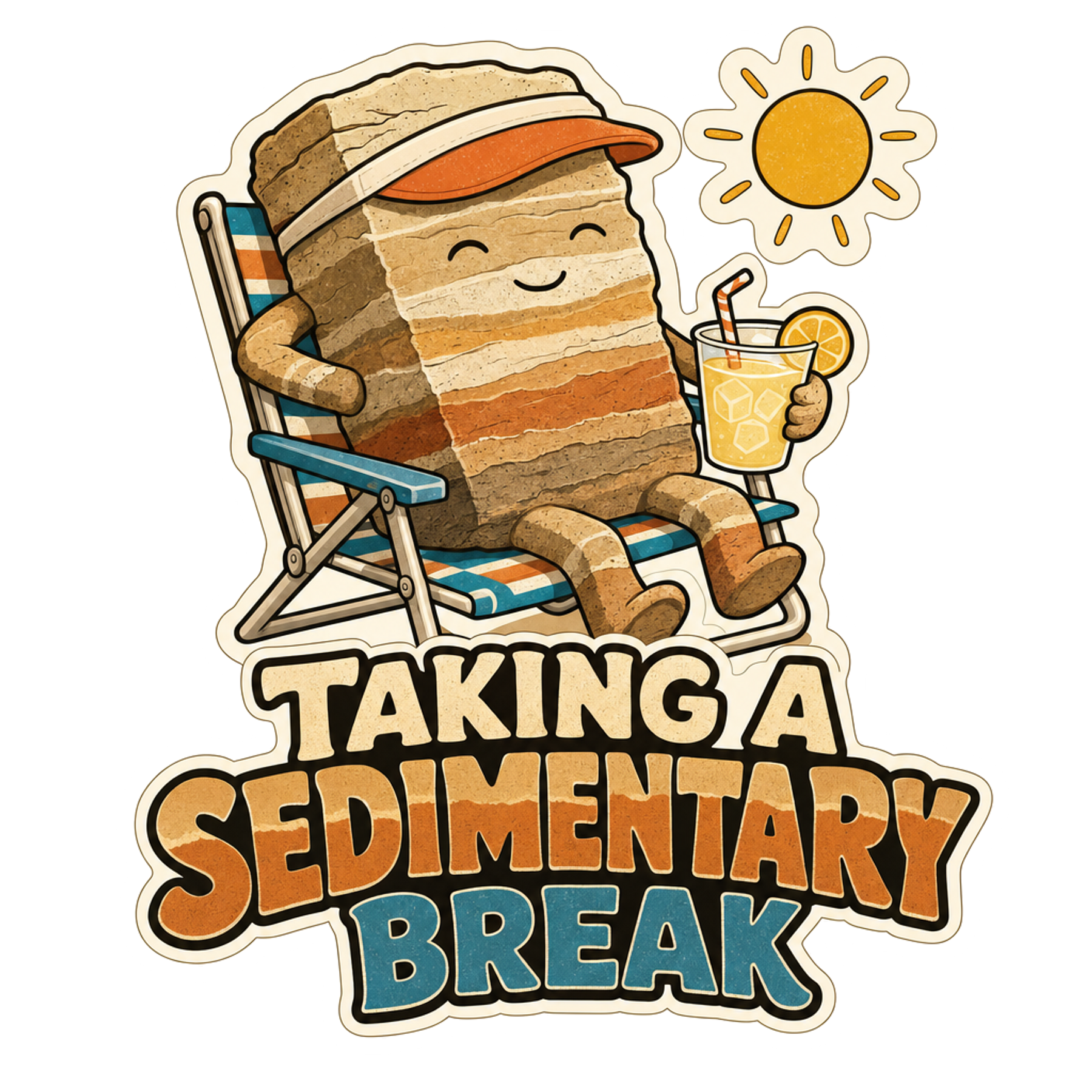 Cartoon Sedimentary Break sticker with stacked rock character, chair, sun, and drink