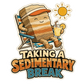 Cartoon Sedimentary Break sticker with stacked rock character, chair, sun, and drink