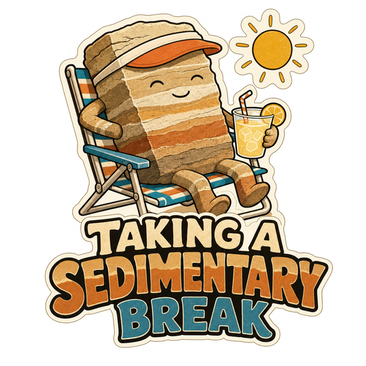 Die-cut sticker with 'Taking a Sedimentary Break' cartoon sediment graphic